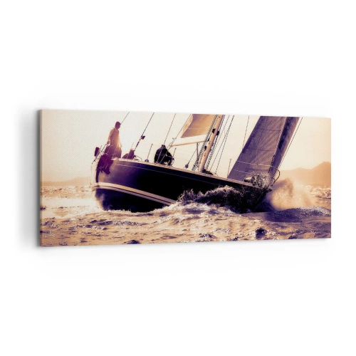 Obraz na płótnie - Jacht na wzburzonym morzu w świetle zachodzącego słońca - 120x50cm - Żeglujże, żeglarzu - Nowoczesna dekoracja ścienna do salonu i sypialni ARTTOR