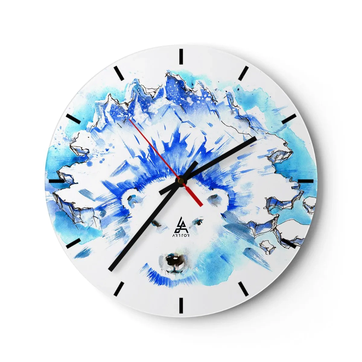 Zegar ścienny - Biały niedźwiedź z lodową koroną w błękitno-białej tonacji - 30x30cm - Król Arktyki w lodowej koronie - Nowoczesna dekoracja ścienna do salonu, kuchni i sypialni ARTTOR