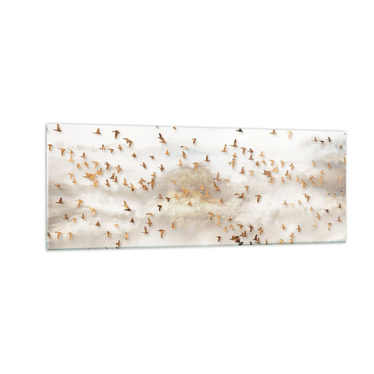 Obraz na szkle - Złote ptaki na tle mglistych gór - 140x50cm - Już czas… - Nowoczesna dekoracja ścienna do salonu i sypialni ARTTOR