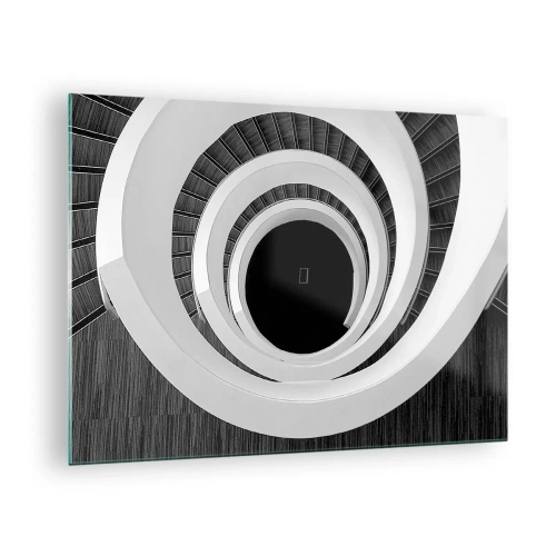Obraz na szkle - Spiralne schody w czerni i bieli z perspektywy z góry - 70x50cm - Do istoty rzeczy - Nowoczesna dekoracja ścienna do salonu i sypialni ARTTOR