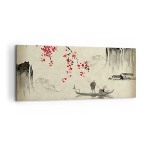 Obraz na płótnie - Orientalna ilustracja z łodzią i kwitnącą gałęzią - 120x50cm - W kraju kwitnącej wiśni - Nowoczesna dekoracja ścienna do salonu i sypialni ARTTOR