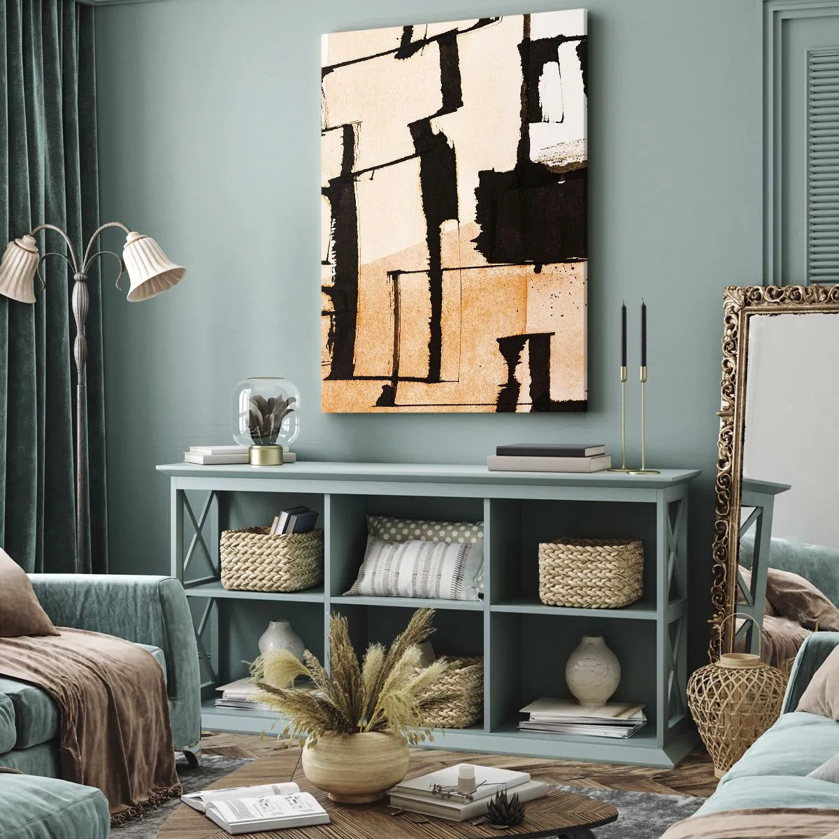 Obraz na płótnie - Abstrakcyjna kompozycja geometryczna w odcieniach beżu i czerni - 50x70cm - Jednak porządek - Nowoczesna dekoracja ścienna do salonu, kuchni i sypialni ARTTOR