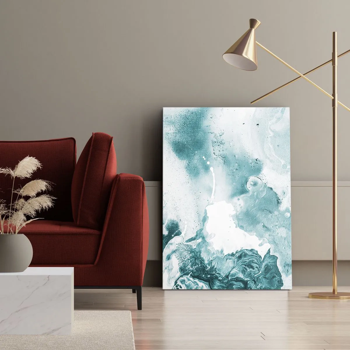 Obraz na płótnie - Abstrakcyjne rozlewiska błękitu w akwarelowym stylu - 50x70cm - Rozlewiska błękitu - Nowoczesna dekoracja ścienna do salonu, kuchni i sypialni ARTTOR