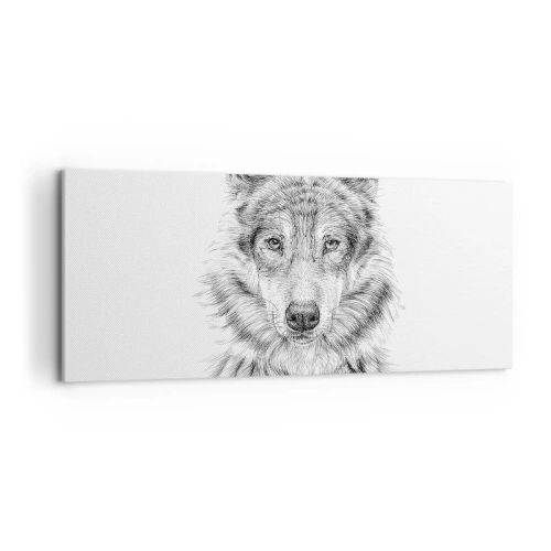 Obraz na płótnie - Szkic głowy wilka w monochromatycznym stylu na białym tle - 120x50cm - Urodzony przywódca - Nowoczesna dekoracja ścienna do salonu i sypialni ARTTOR