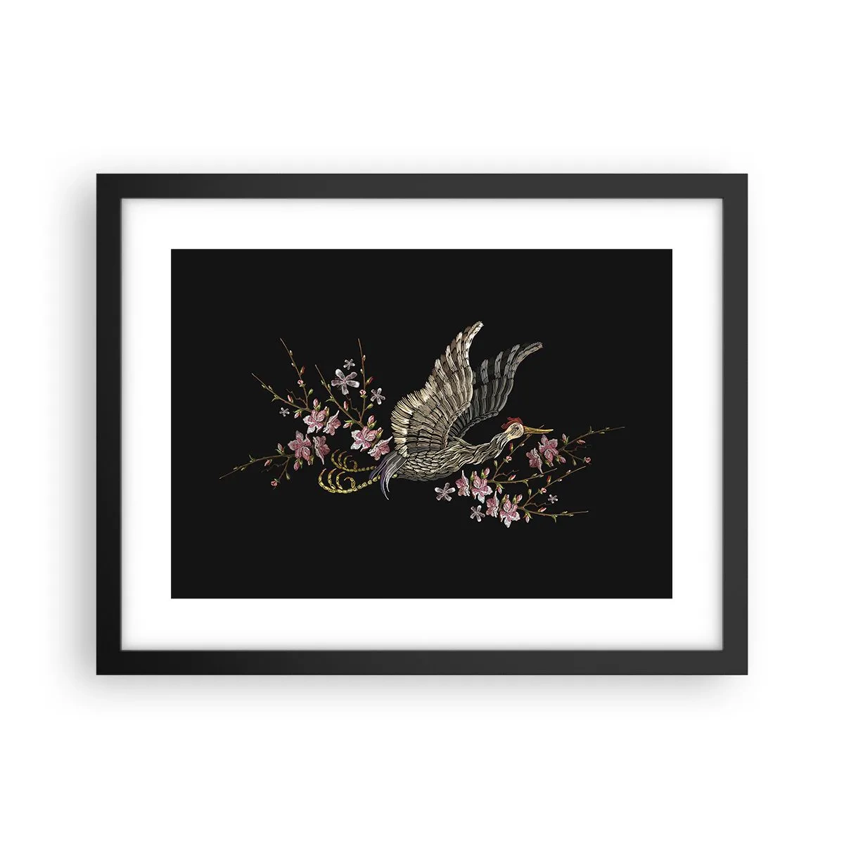 Plakat w czarnej ramie - Egzotyczny, haftowany ptak - 40x30 cm