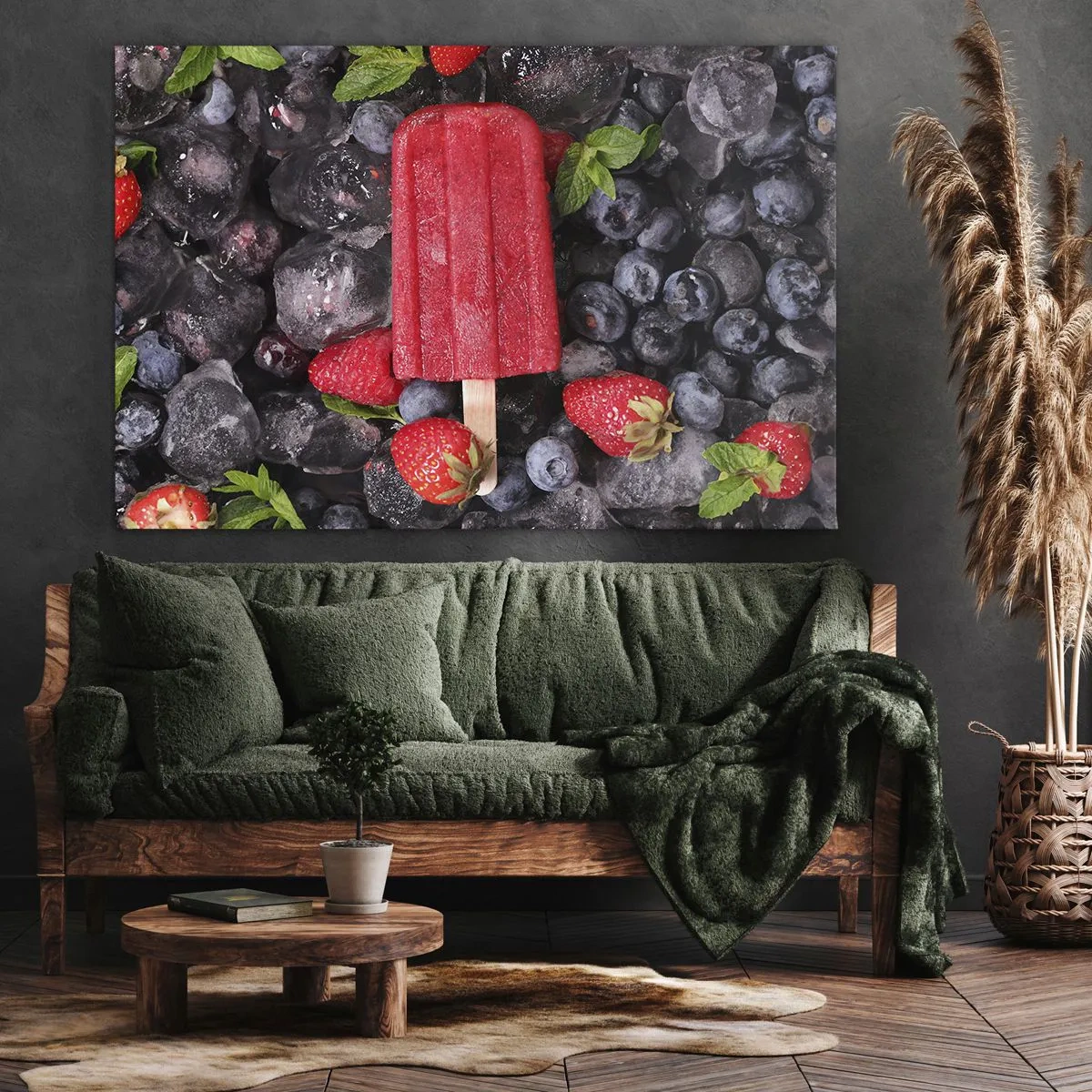 Obraz na płótnie - Czerwony lód na patyku w otoczeniu owoców i lodu - 70x50cm - Smak gorącego lata - Nowoczesna dekoracja ścienna do salonu i sypialni ARTTOR