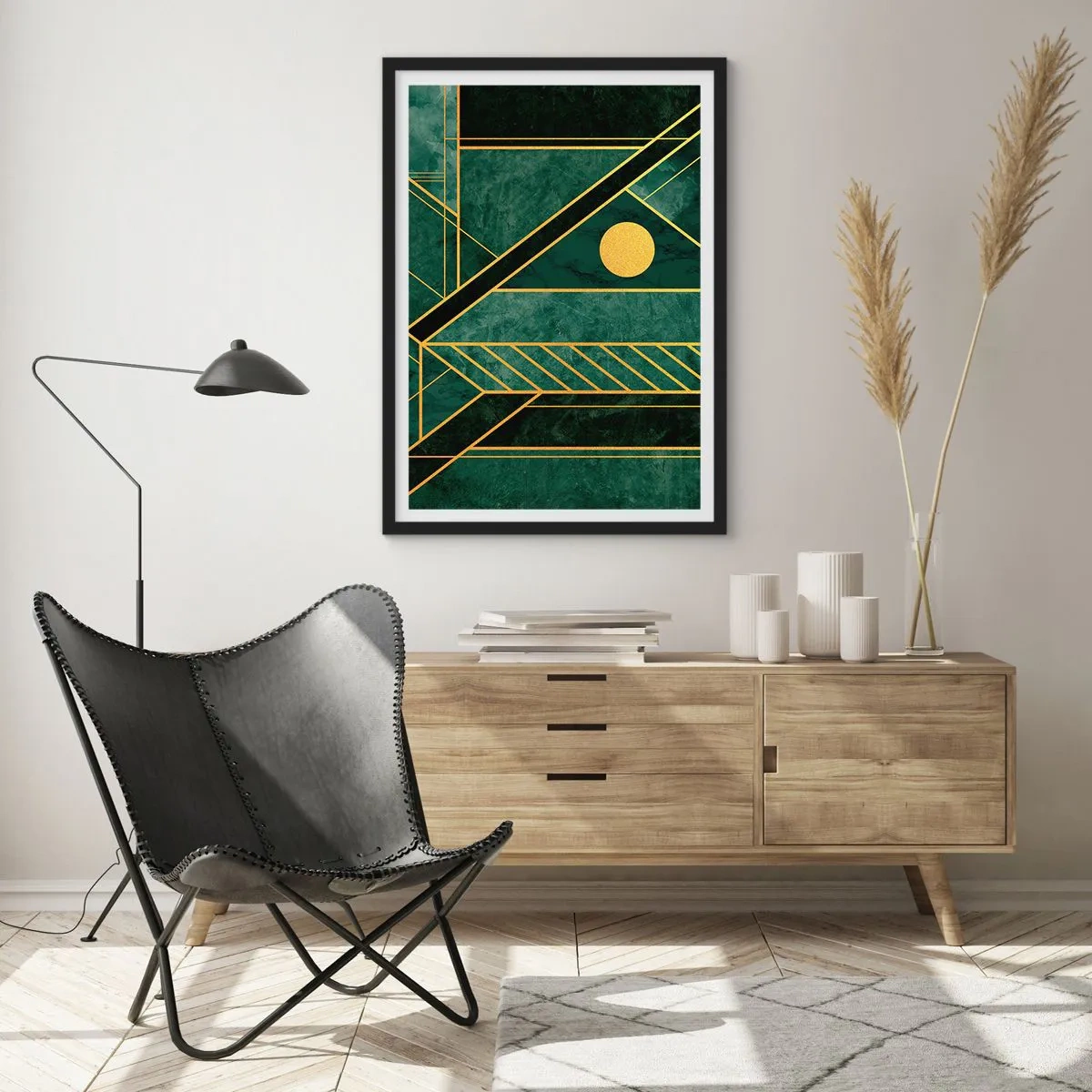 Plakat w czarnej ramie - Geometryczna abstrakcja w zieleni ze złotymi akcentami - 50x70cm - Dynamika złota i lazuru - Nowoczesna dekoracja ścienna do salonu i sypialni ARTTOR