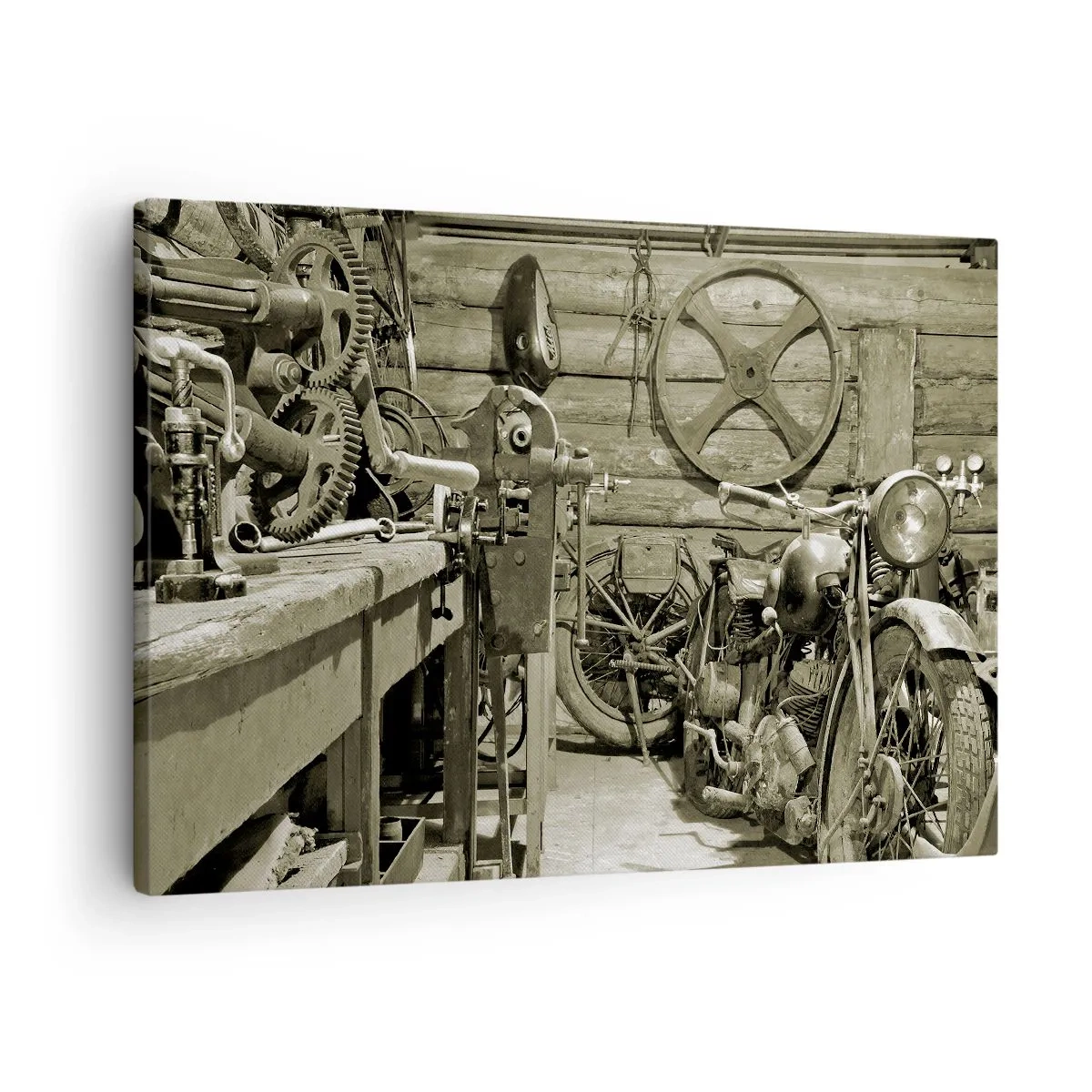 Obraz na płótnie - Retro warsztat z motocyklami i narzędziami - 70x50cm - W szopie wuja Władka - Nowoczesna dekoracja ścienna do salonu i sypialni ARTTOR