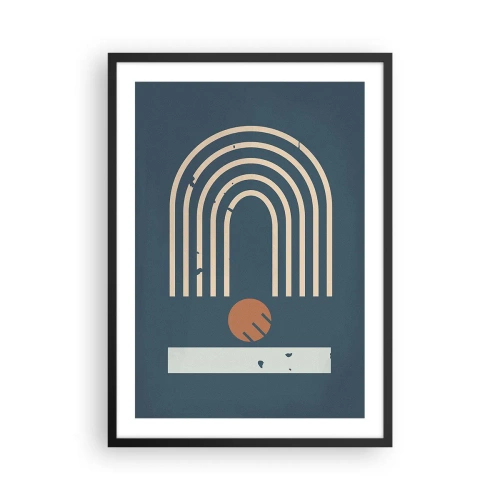 Plakat w czarnej ramie - Geometryczne łuki i kula na ciemnym tle - 50x70cm - Geometria na granacie - Nowoczesna dekoracja ścienna do salonu i sypialni ARTTOR