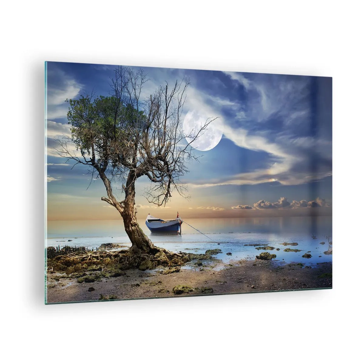 Obraz na szkle - Samotna łódź przy drzewie na tle księżyca - 70x50cm - To koniec czy początek? - Nowoczesna dekoracja ścienna do salonu i sypialni ARTTOR
