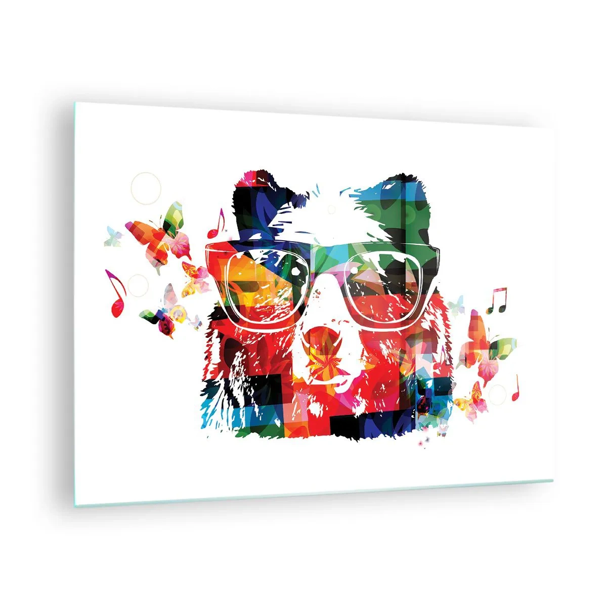 Obraz na szkle - Kolorowy niedźwiedź w okularach w stylu pop-art z motywem muzycznym - 70x50cm - Podoba misie! - Nowoczesna dekoracja ścienna do salonu i sypialni ARTTOR