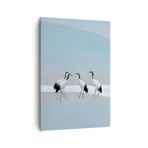 Obraz na płótnie - Grupa żurawi na tle błękitnego nieba i wschodzącego słońca - 70x100cm - Po gorącym dniu - Nowoczesna dekoracja ścienna do salonu i sypialni ARTTOR