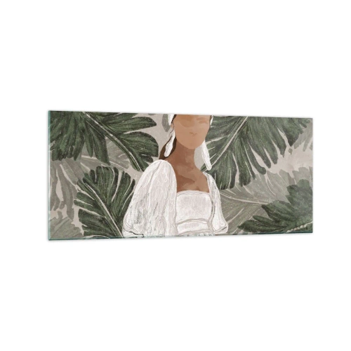 Obraz na szkle - Portret kobiety w białej sukni na tle liści monstery - 120x50cm - Portret egzotyczny - Nowoczesna dekoracja ścienna do salonu i sypialni ARTTOR