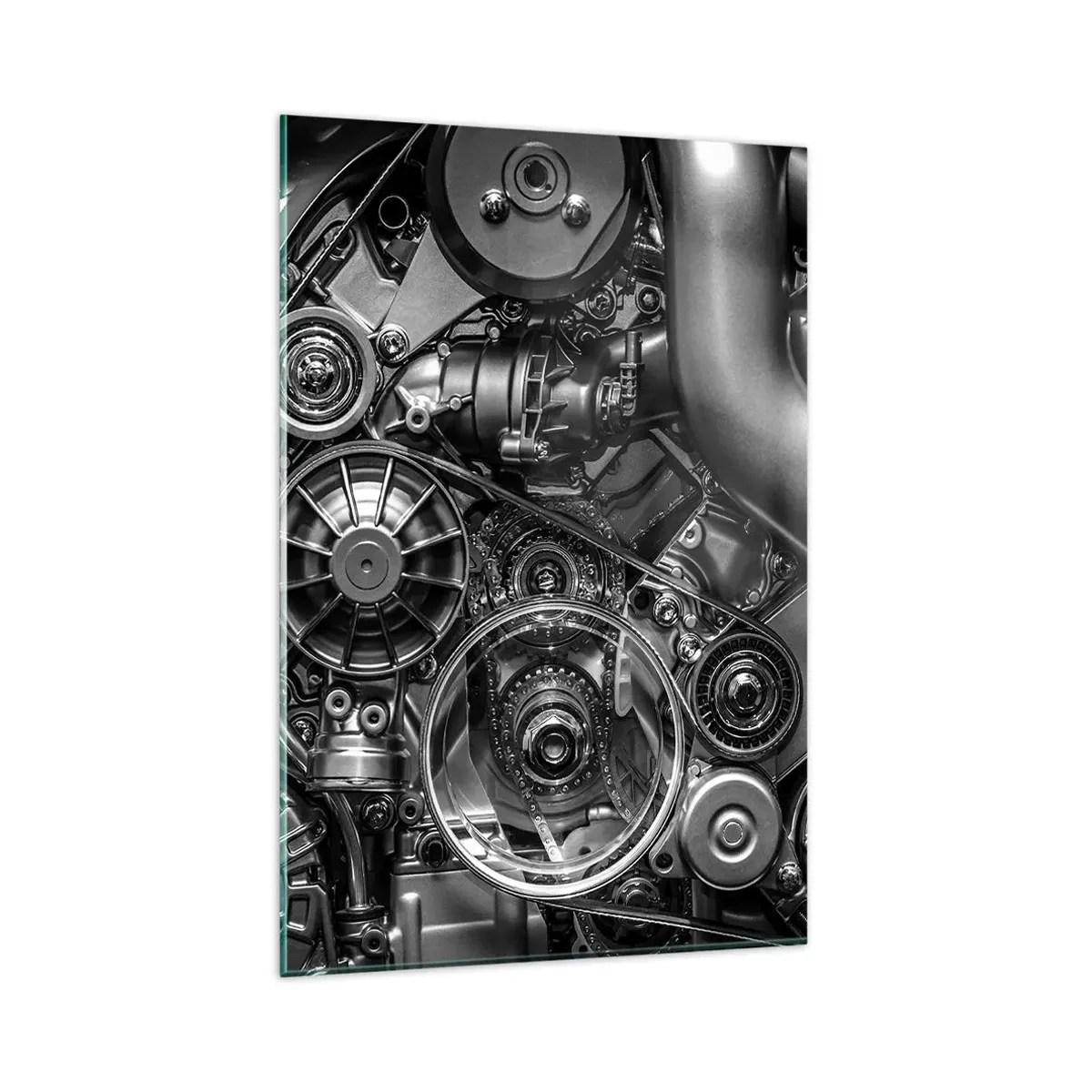 Obraz na szkle - Czarno-białe zbliżenie na mechaniczne detale silnika samochodu - 80x120cm - Poezja mechaniki - Nowoczesna dekoracja ścienna do salonu i sypialni ARTTOR