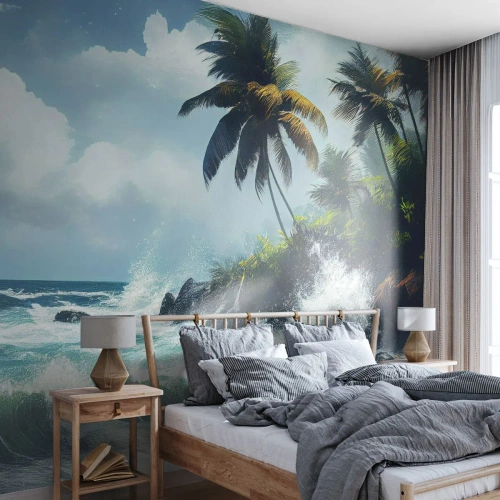 Fototapeta Premium Canvas - Tropikalny brzeg z palmami i wzburzonym morzem - 100x70cm - Na tropikalnym brzegu - Nowoczesna dekoracja ścienna do salonu i sypialni ARTTOR