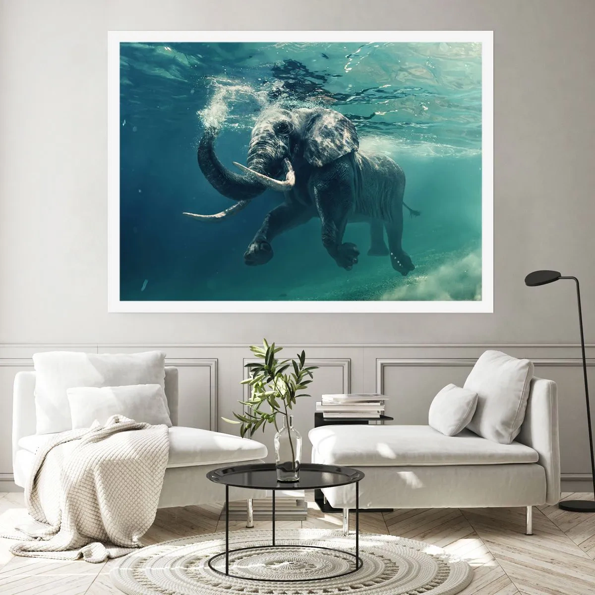 Plakat - Słoń pływający pod wodą w turkusowej głębinie - 100x70cm - Wszyscy lubią pływać - Nowoczesna dekoracja ścienna do salonu i sypialni ARTTOR