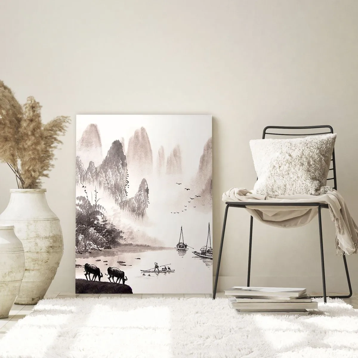 Obraz na szkle - Chiński krajobraz z górami, drzewami i wodą - 50x70cm - Egzotyczna codzienność Wschodu - Nowoczesna dekoracja ścienna do salonu, kuchni i sypialni ARTTOR