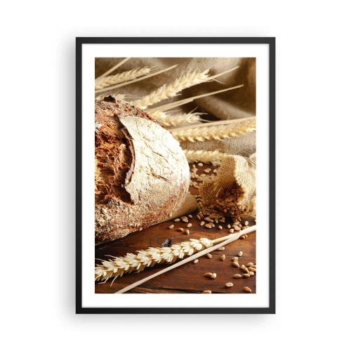Plakat w czarnej ramie - Chleb na drewnianym stole z kłosami pszenicy - 50x70cm - Apetyczny, wonny, chrupiący - Nowoczesna dekoracja ścienna do salonu i sypialni ARTTOR