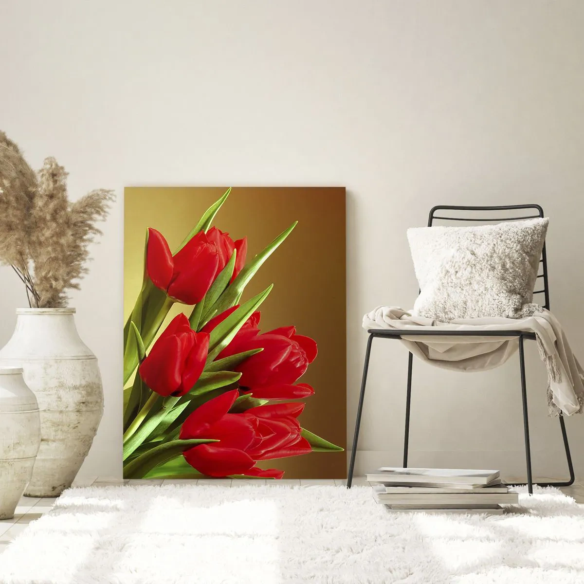 Obraz na szkle - Bukiet czerwonych tulipanów na złotym tle - 50x70cm - Pęk wiosennej radości - Nowoczesna dekoracja ścienna do salonu, kuchni i sypialni ARTTOR
