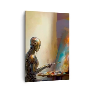 Obraz na płótnie - Robot malujący na płótnie w artystycznym stylu - 70x100cm - Sztuka przyszłości - Nowoczesna dekoracja ścienna do salonu i sypialni ARTTOR