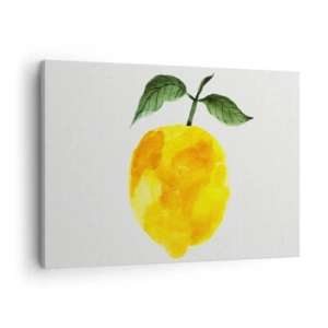 Obraz na płótnie - Akwarelowa cytryna z zielonymi liśćmi na jasnym tle - 70x50cm - Jak poznać smak słońca - Nowoczesna dekoracja ścienna do salonu i sypialni ARTTOR