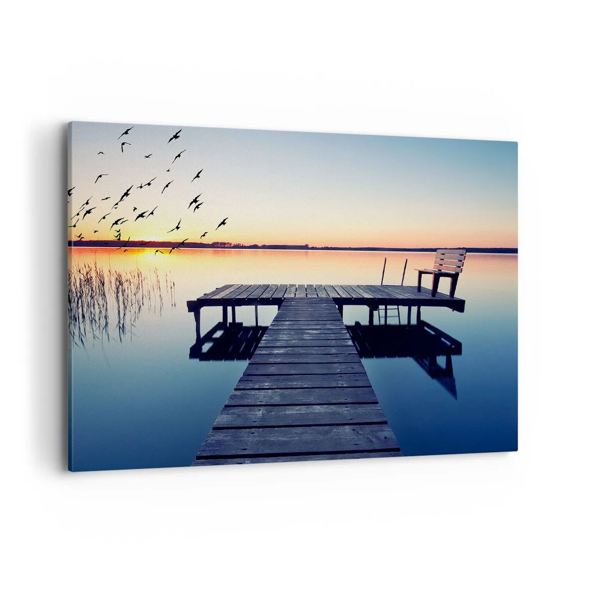 Obraz na płótnie - Drewniane molo nad jeziorem o wschodzie słońca z ptakami - 100x70cm - To był dobry dzień - Nowoczesna dekoracja ścienna do salonu, kuchni i sypialni ARTTOR