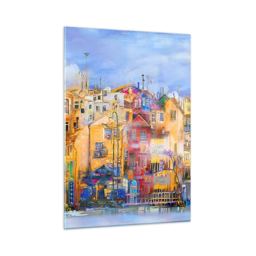 Obraz na szkle - Kolorowe kamienice w artystycznej scenerii miejskiej - 50x70cm - Jesteśmy razem - Nowoczesna dekoracja ścienna do salonu, kuchni i sypialni ARTTOR