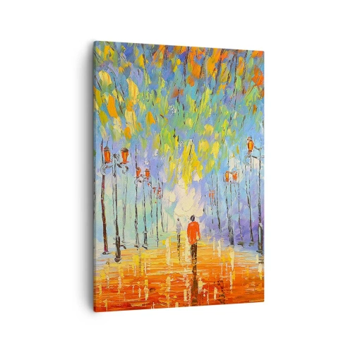 Obraz na płótnie - Kolorowy pejzaż z alejką i latarniami - 50x70cm - Nocna piosenka deszczu - Nowoczesna dekoracja ścienna do salonu, kuchni i sypialni ARTTOR