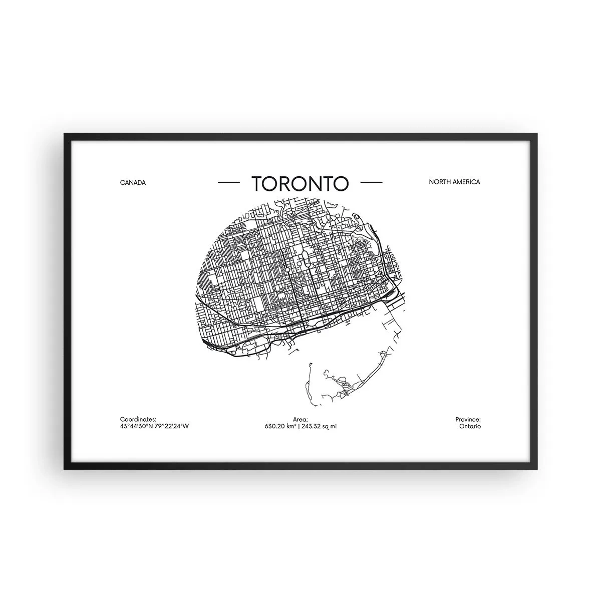 Plakat w czarnej ramie - Mapa Toronto w minimalistycznym, czarno-białym stylu - 100x70cm - Anatomia Toronto - Nowoczesna dekoracja ścienna do salonu i sypialni ARTTOR