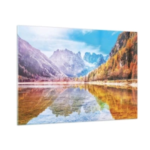 Obraz na szkle - Jesienne góry odbijające się w jeziorze, w otoczeniu kolorowych drzew - 100x70cm - A w górach już jesień - Nowoczesna dekoracja ścienna do salonu, kuchni i sypialni ARTTOR