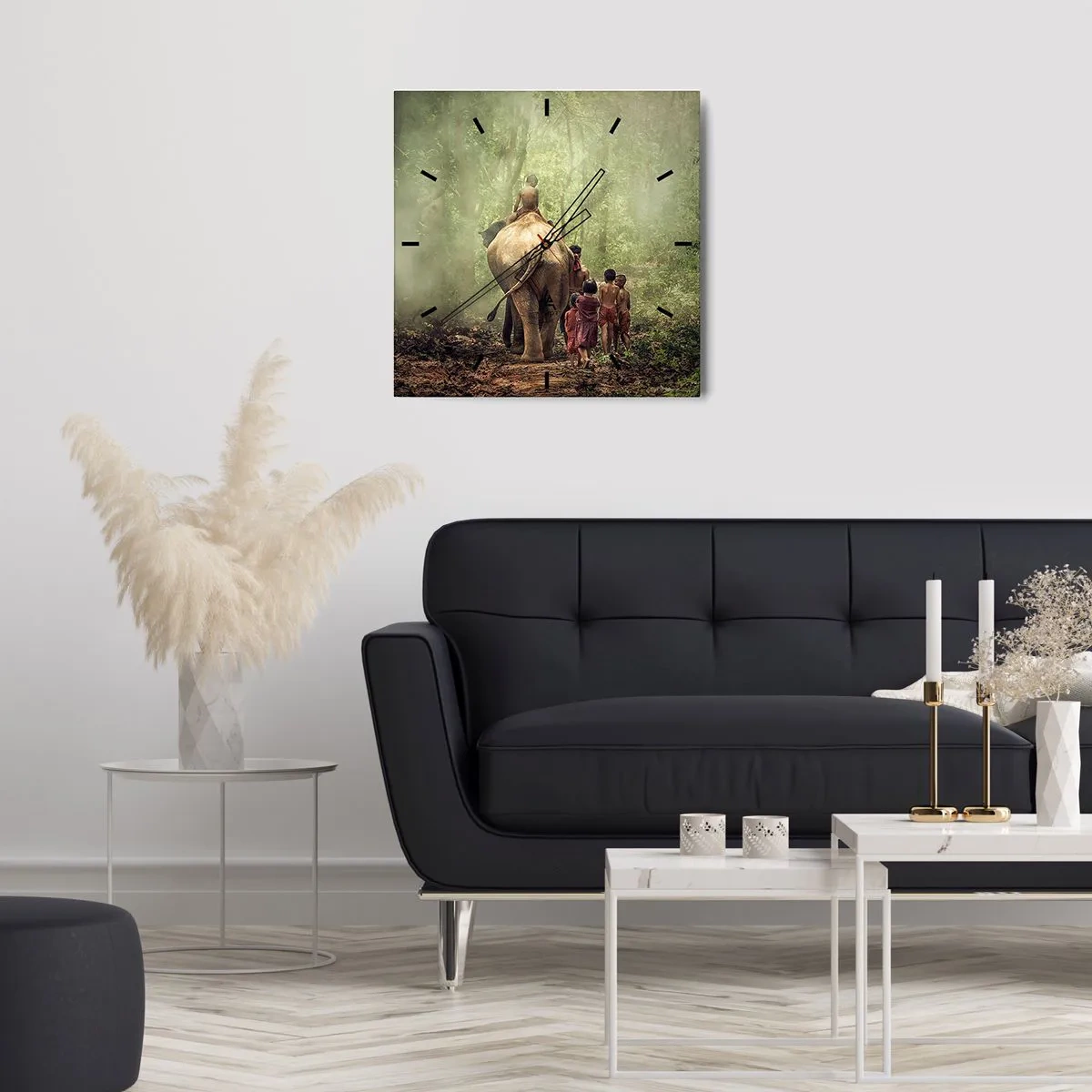Zegar ścienny - Dzieci z słoniem w zielonym lesie w świetle poranka - 30x30cm - Nowa Księga Dżungli - Nowoczesna dekoracja ścienna do salonu i sypialni ARTTOR