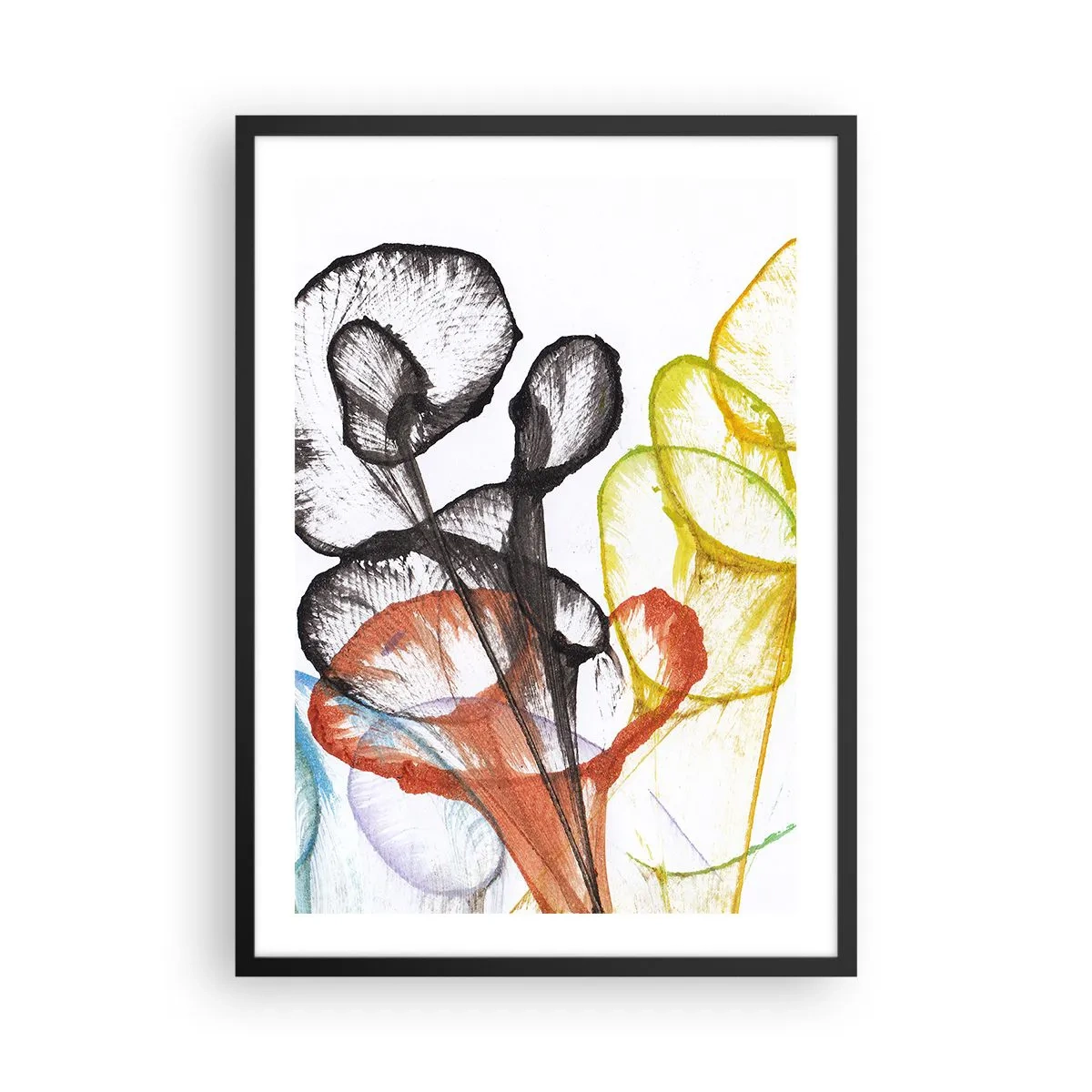 Plakat w czarnej ramie - Kolorowe liście w artystycznej transparentnej kompozycji - 50x70cm - Kwiaty z duszą - Nowoczesna dekoracja ścienna do salonu i sypialni ARTTOR