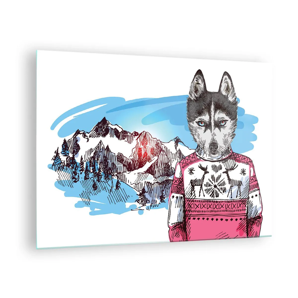 Obraz na szkle - Husky w swetrze na tle gór - 70x50cm - Wilk w owczej wełnie - Nowoczesna dekoracja ścienna do salonu i sypialni ARTTOR