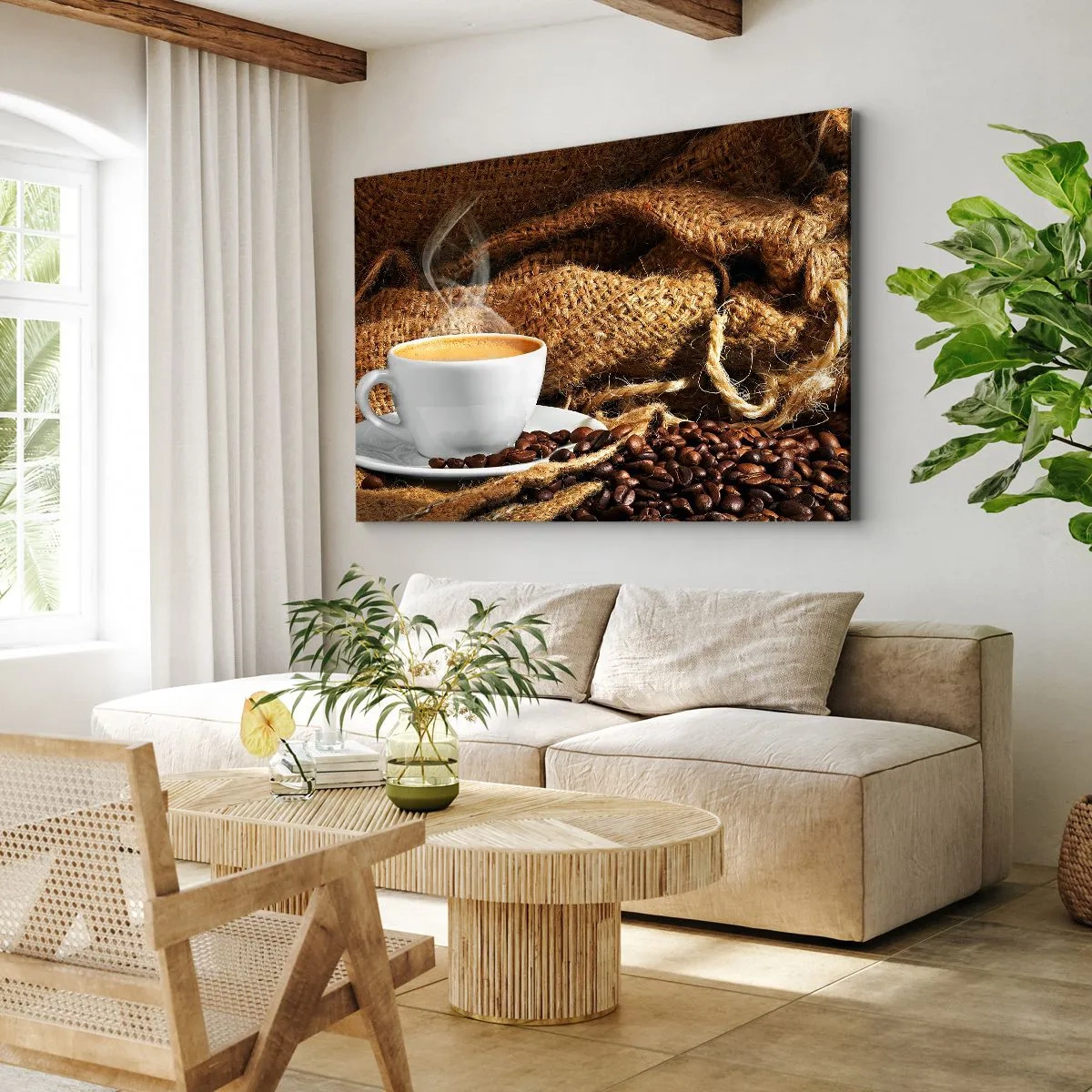 Obraz na płótnie - Filiżanka kawy otoczona workiem z ziarnami kawy - 70x50cm - Zapach moki i gęstość miodowego płynu - Nowoczesna dekoracja ścienna do salonu i sypialni ARTTOR