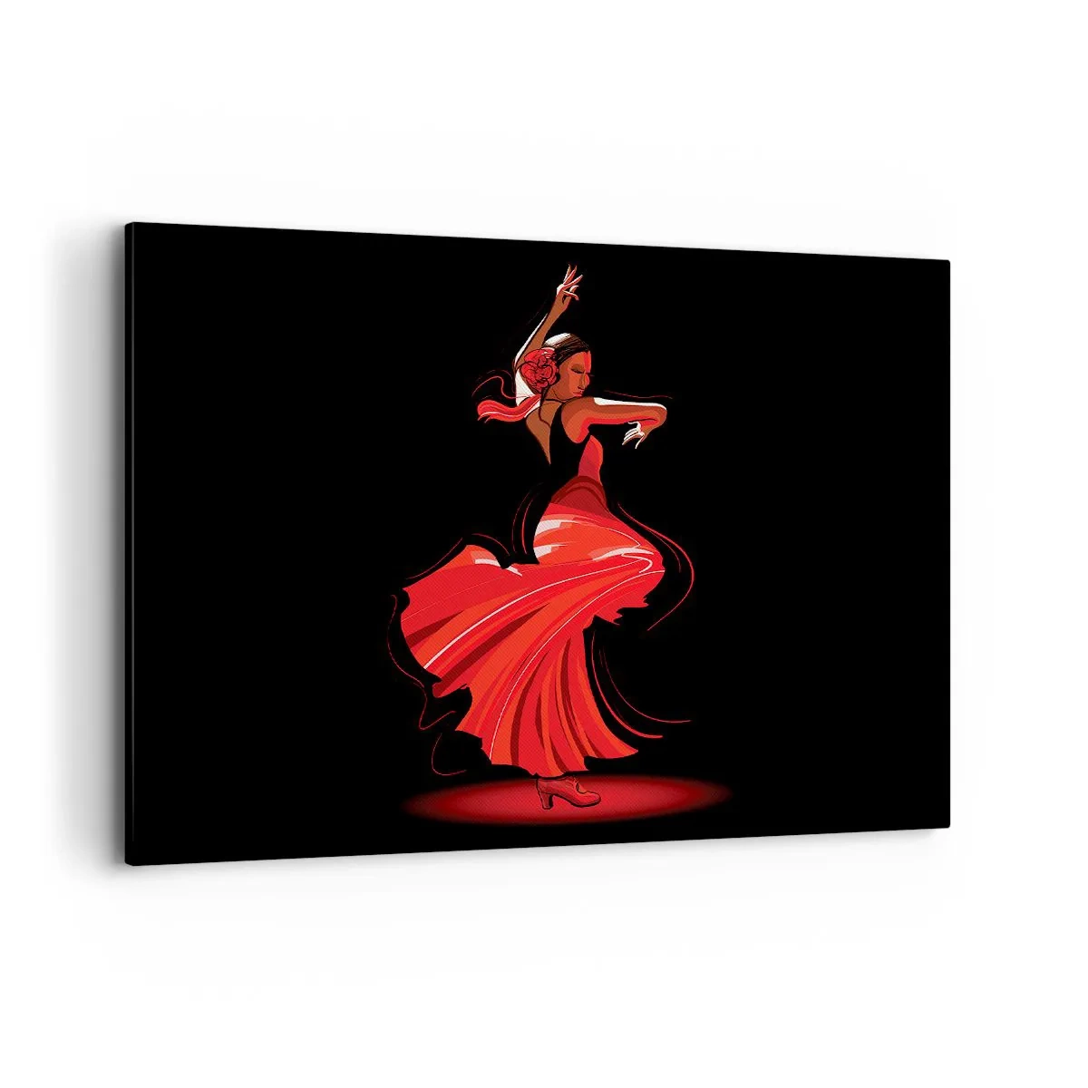 Obraz na płótnie - Tancerka flamenco w czerwonej sukni na czarnym tle - 100x70cm - Ognisty duch flamenco - Nowoczesna dekoracja ścienna do salonu, kuchni i sypialni ARTTOR