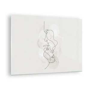 Obraz na szkle - Minimalistyczny rysunek twarzy dwóch osób w subtelnym, zmysłowym uścisku - 70x50cm - Splątani w uścisku - Nowoczesna dekoracja ścienna do salonu i sypialni ARTTOR