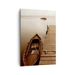 Obraz na płótnie - Drewniane molo i łódź w spokojnym jeziorze - 70x100cm - Wielki spokój - Nowoczesna dekoracja ścienna do salonu i sypialni ARTTOR