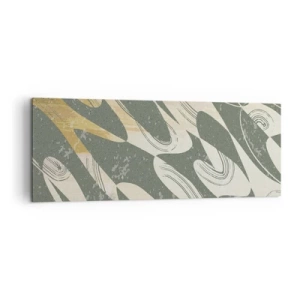 Obraz na płótnie - Dynamiczne kształty w zielonych i złotych odcieniach - 140x50cm - Abstrakcja zrytmizowana - Nowoczesna dekoracja ścienna do salonu i sypialni ARTTOR