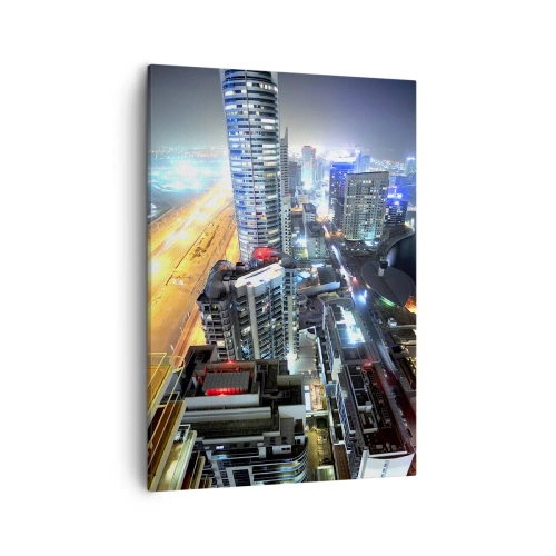 Obraz na płótnie - Panorama nowoczesnego miasta nocą z wysokości - 50x70cm - Cud na pustyni - Nowoczesna dekoracja ścienna do salonu, kuchni i sypialni ARTTOR