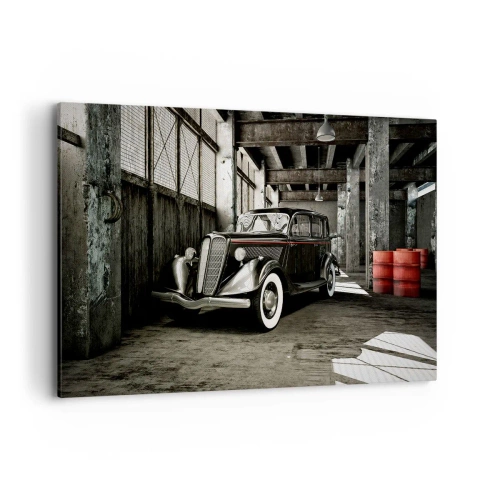 Obraz na płótnie - Stylowy retro samochód w surowym magazynie - 120x80cm - Nieprzemijająca elegancja lat 30. - Nowoczesna dekoracja ścienna do salonu, kuchni i sypialni ARTTOR