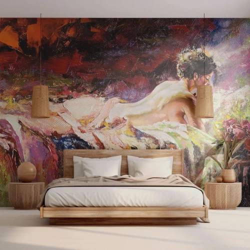 Fototapeta Premium Sand - Kobieta leżąca na łóżku w artystycznym malarskim stylu - 100x70cm - Zamyślona Wenus - Nowoczesna dekoracja ścienna do salonu, kuchni i sypialni ARTTOR