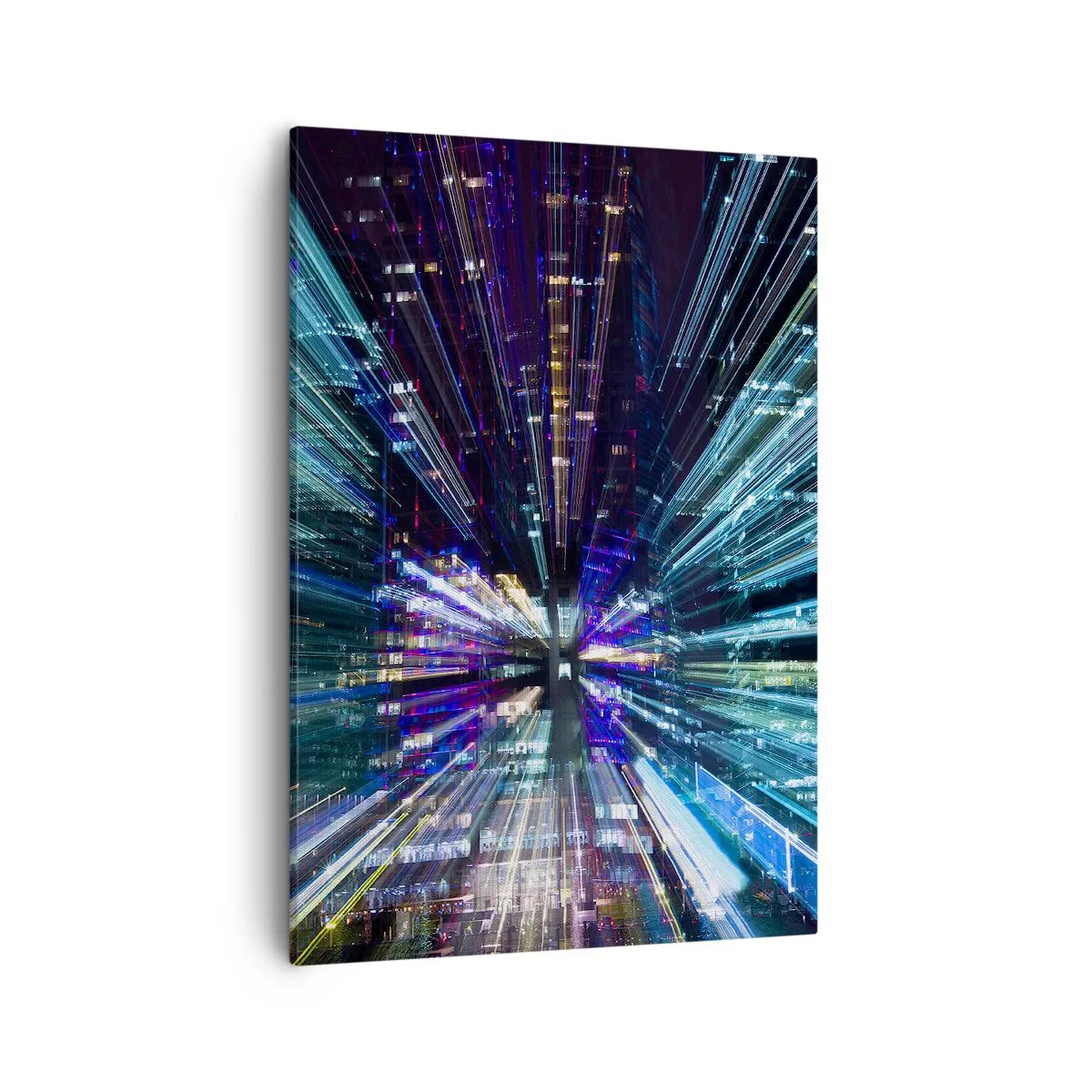 Obraz na płótnie - Dynamiczny efekt świetlnych smug w futurystycznym mieście nocą - 50x70cm - Przejście w nadprzestrzeń - Nowoczesna dekoracja ścienna do salonu, kuchni i sypialni ARTTOR