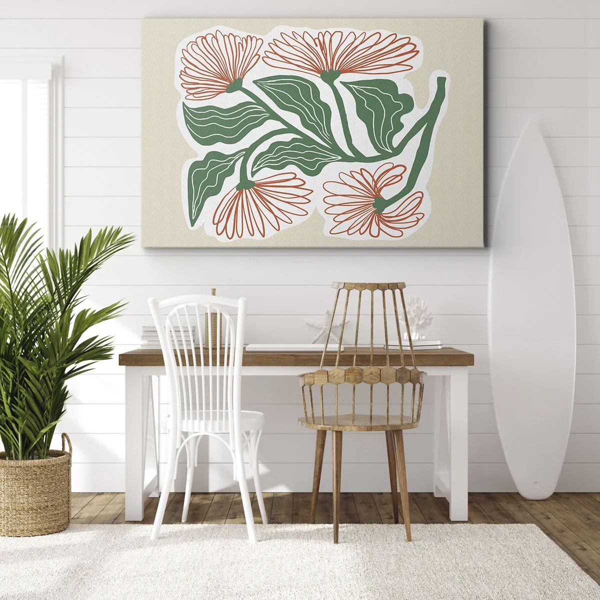 Obraz na płótnie - Rysunek kwiatów w stylu minimalistycznym z zielonymi liśćmi - 70x50cm - Ludowe i nowoczesne - Nowoczesna dekoracja ścienna do salonu i sypialni ARTTOR