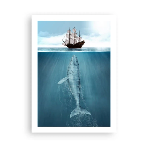 Plakat - Statek na powierzchni wody z wielorybem pod nią, w surrealistycznym ujęciu - 50x70cm - Lepiej nie wiedzieć - Nowoczesna dekoracja ścienna do salonu, kuchni i sypialni ARTTOR