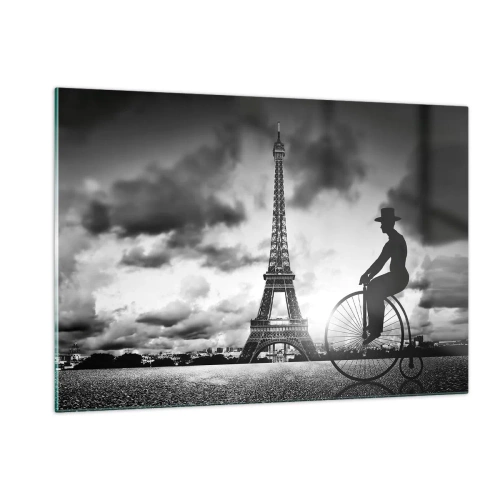 Obraz na szkle - Wieża Eiffla z rowerem retro w czerni i bieli - 120x80cm - Tęsknota do Belle Epoque - Nowoczesna dekoracja ścienna do salonu, kuchni i sypialni ARTTOR