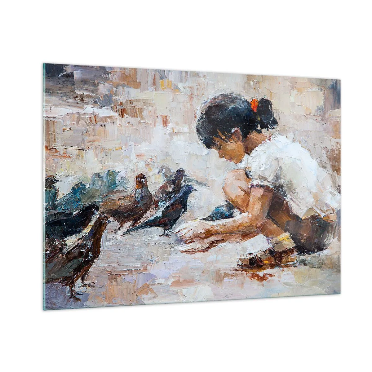 Obraz na szkle - Dziewczynka karmiąca ptaki na tle impresjonistycznym - 100x70cm - Maluczcy i najmilsi - Nowoczesna dekoracja ścienna do salonu, kuchni i sypialni ARTTOR