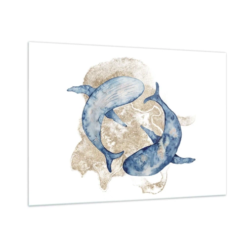 Obraz na szkle - Dwa błękitne wieloryby na tle złotych abstrakcyjnych plam - 100x70cm - Przyjaźń czy kochanie? - Nowoczesna dekoracja ścienna do salonu, kuchni i sypialni ARTTOR