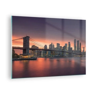 Obraz na szkle - Most Brooklyn o zachodzie słońca - 70x50cm - Zatopione w  liliowej ciszy - Nowoczesna dekoracja ścienna do salonu i sypialni ARTTOR
