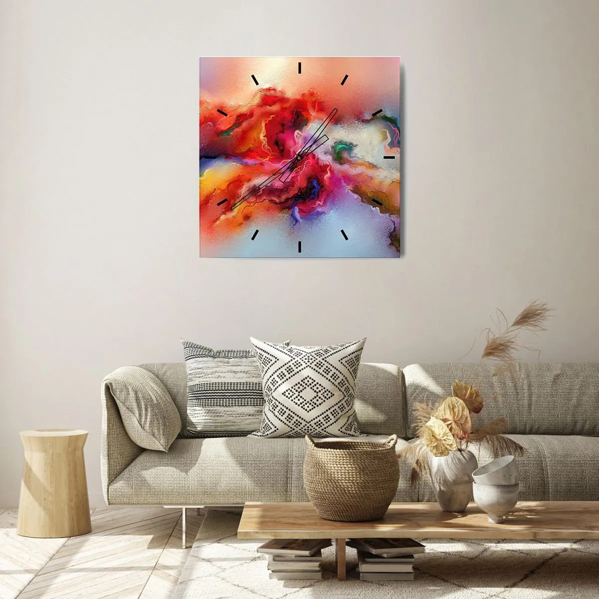 Zegar ścienny - Kolorowa abstrakcja o dynamicznej kompozycji - 30x30cm - Jak pochwycić marzenia - dym - Nowoczesna dekoracja ścienna do salonu i sypialni ARTTOR