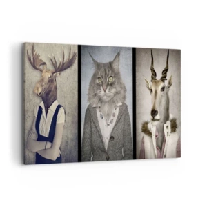 Obraz na płótnie - Tryptyk z postaciami zwierząt w eleganckich ubraniach na stylizowanym tle - 120x80cm - Futra znów w modzie - Nowoczesna dekoracja ścienna do salonu, kuchni i sypialni ARTTOR